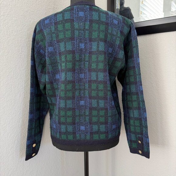 VINTAGE 80s Talbots Tartan Plaid Blue Green Cardigan Sweater Medium - Picture 4 of 12